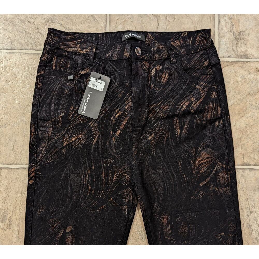 New Apperloth Sz L Pants black and bronze print stretchy womens X5
